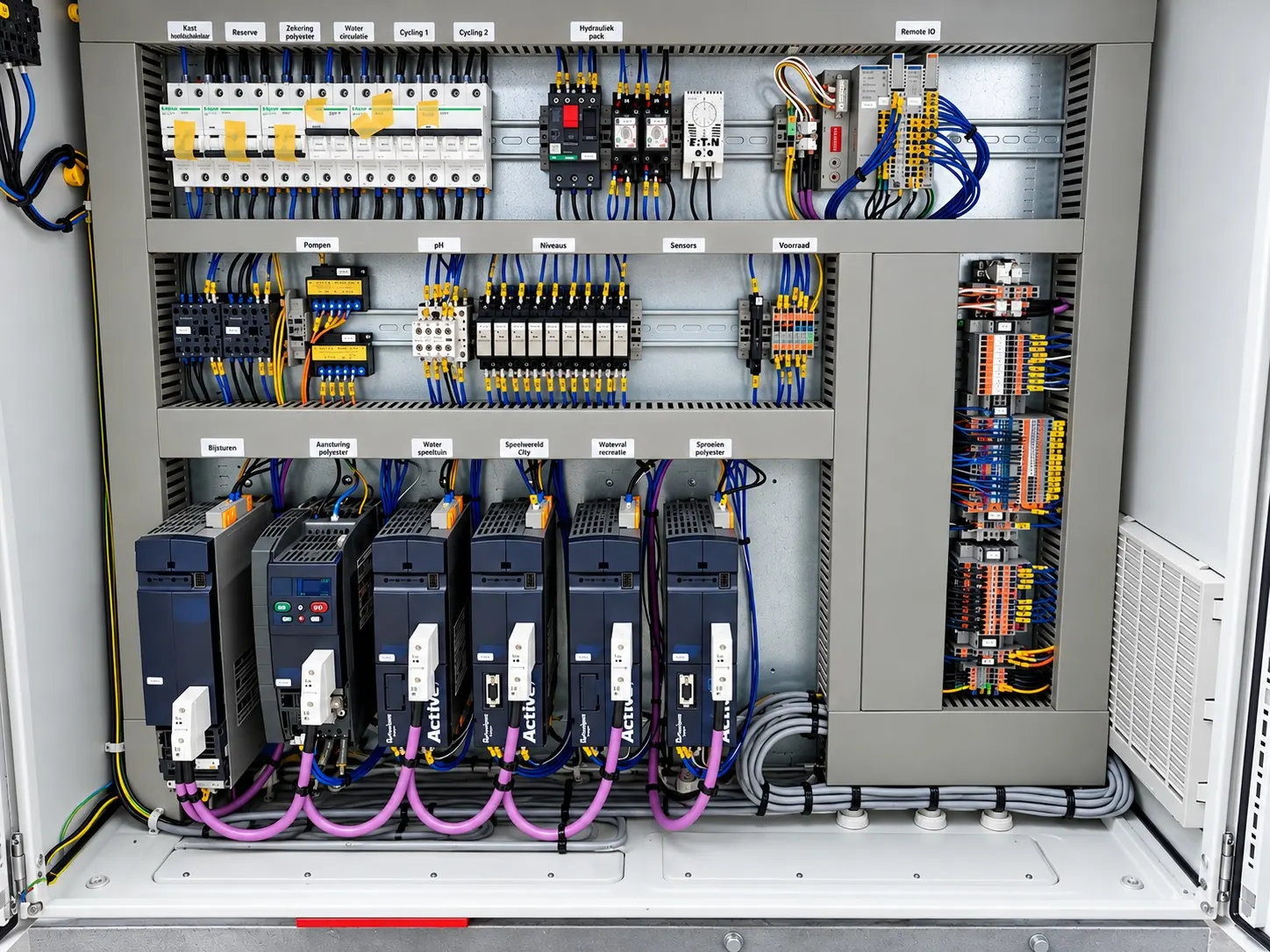 Besturingskast met beveiligingen, relais en een rij aandrijvingen, gebouwd door AVASTO Besturingstechniek