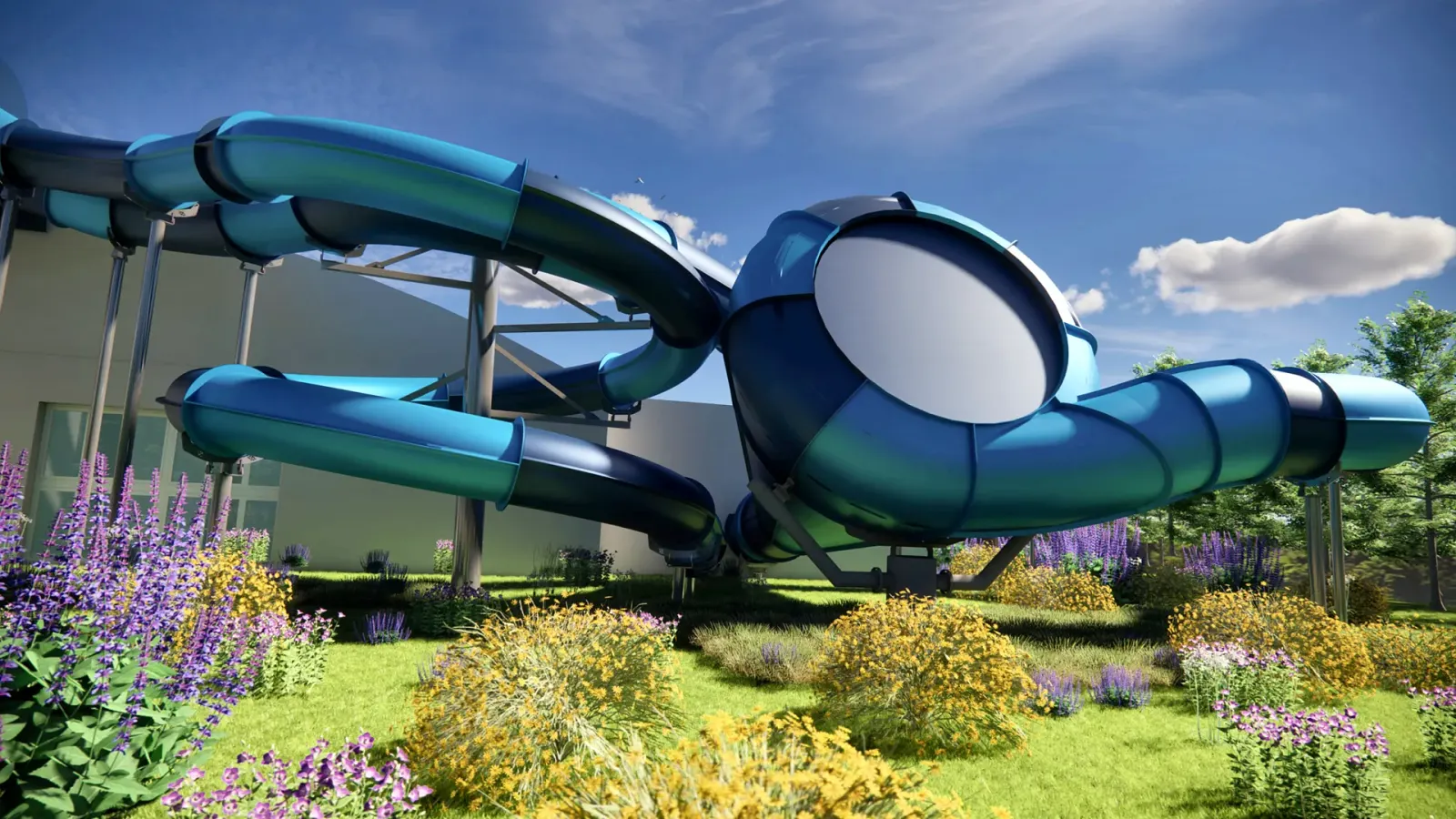 3D-impressie van een glijbanencomplex met buisglijbanen in een parklandschap