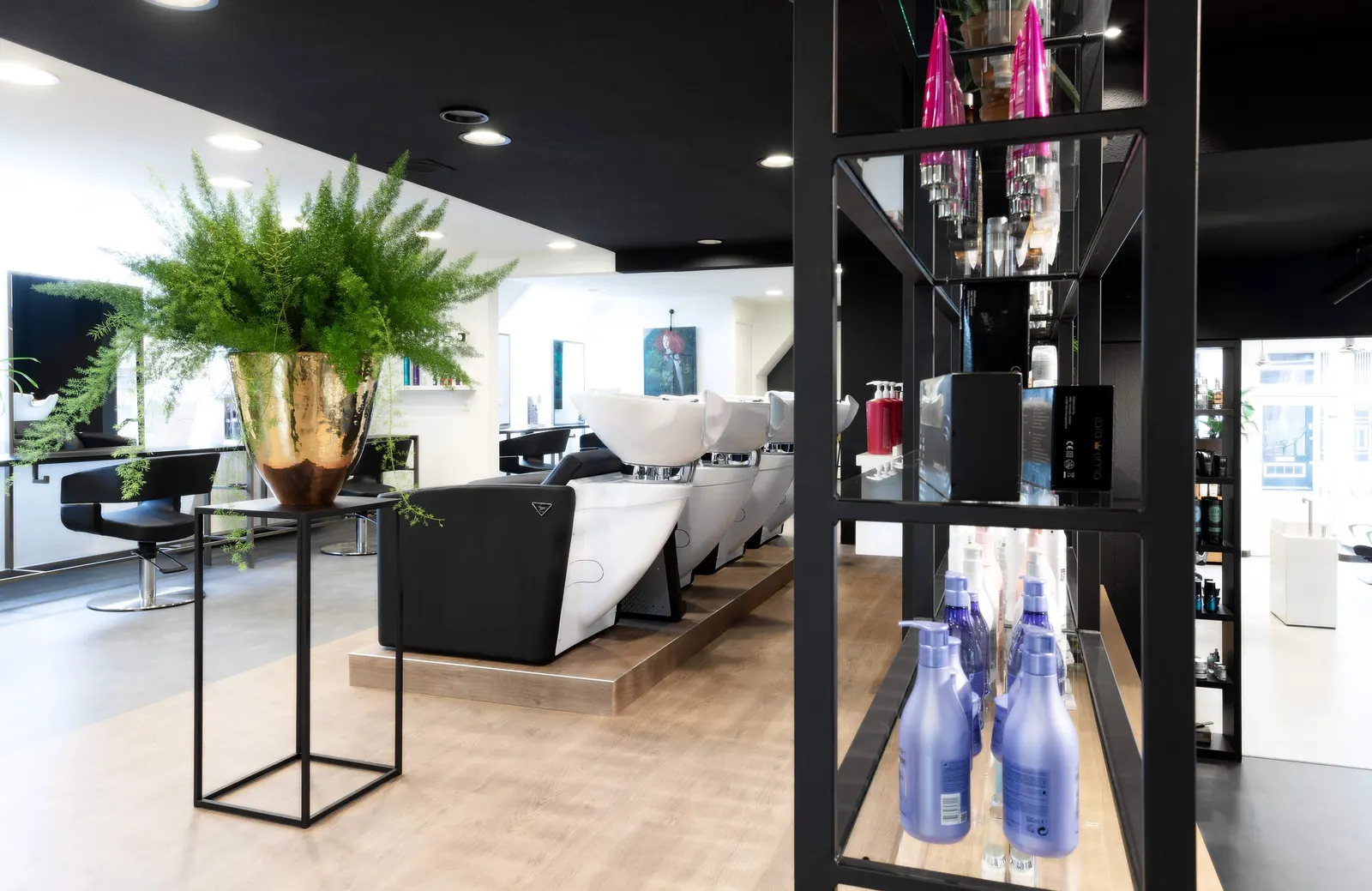 Wasunits achter een stalen rek met plantenzuil in kapsalon Jon Karelse
