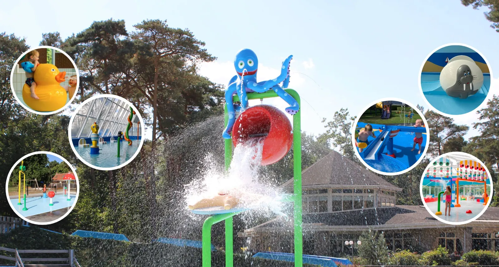 Spraypark met een octopus-waterspeeltoestel, met uitsneden van andere Pooljoy-producten