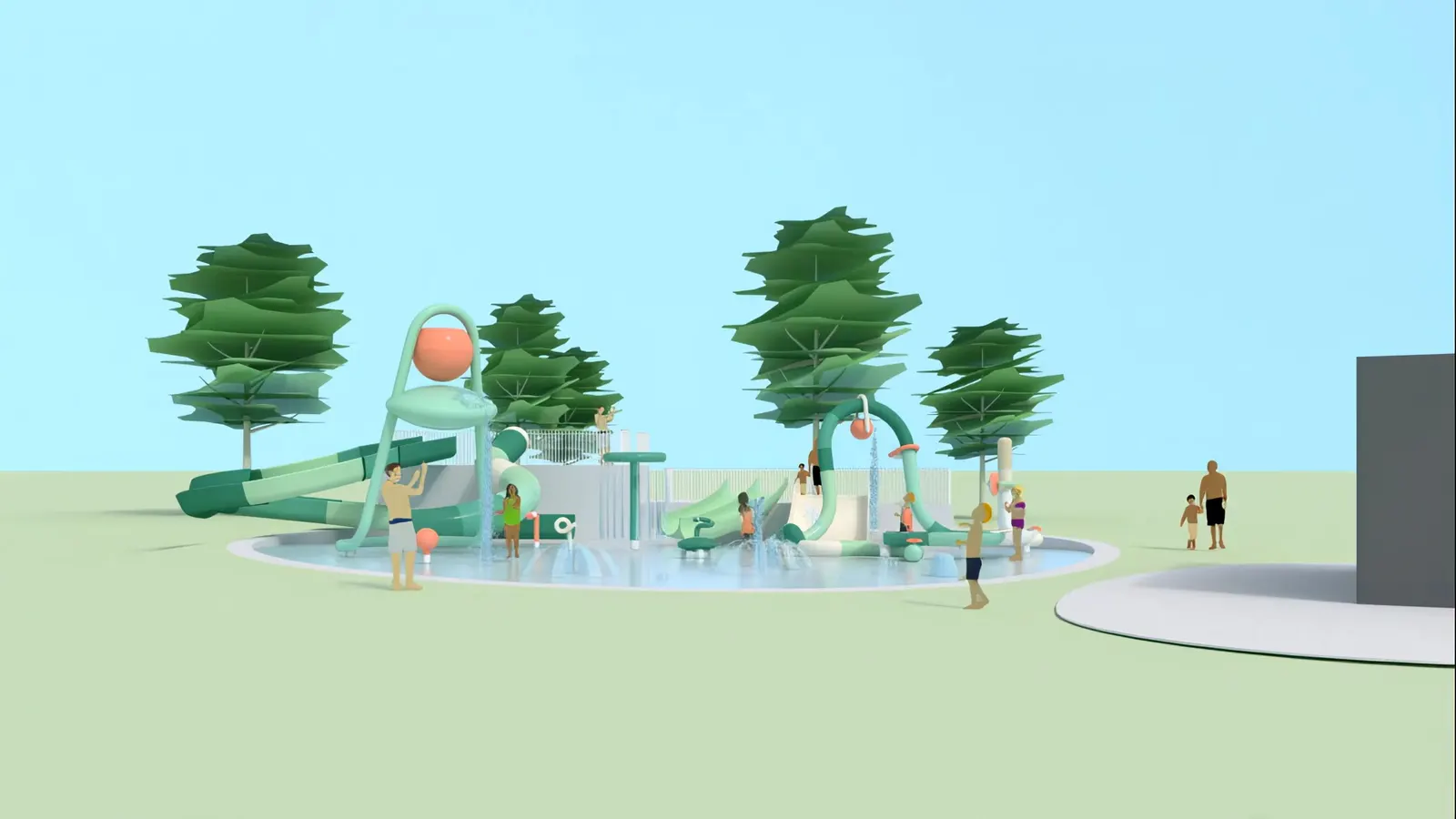 Impressie van een SprayWave-spraypark met waterspeelelementen rond een plein